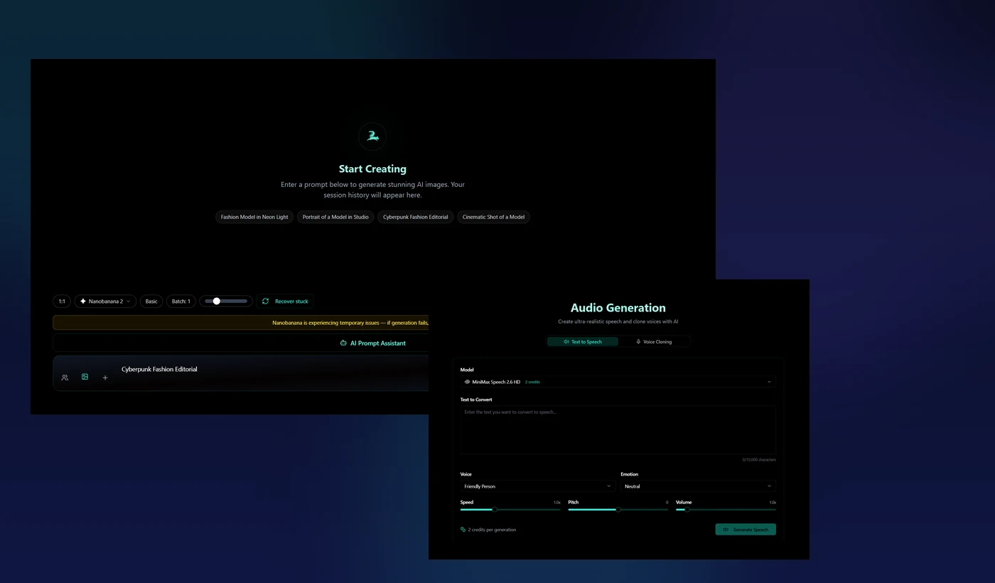 Zorq AI image generation workspace with AI image prompt and text to speech creative workflow