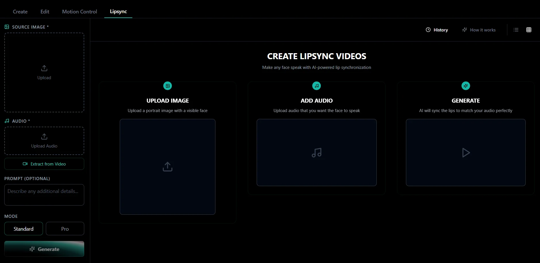 Zorq AI Lip Sync Generator workspace for source image, audio upload, prompt, and generation