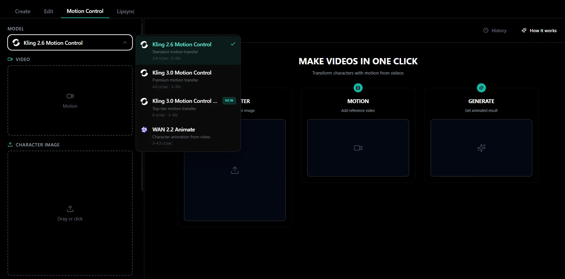 Zorq AI Kling Motion Control model selector with Kling 2.6, Kling 3.0 and Pro motion options