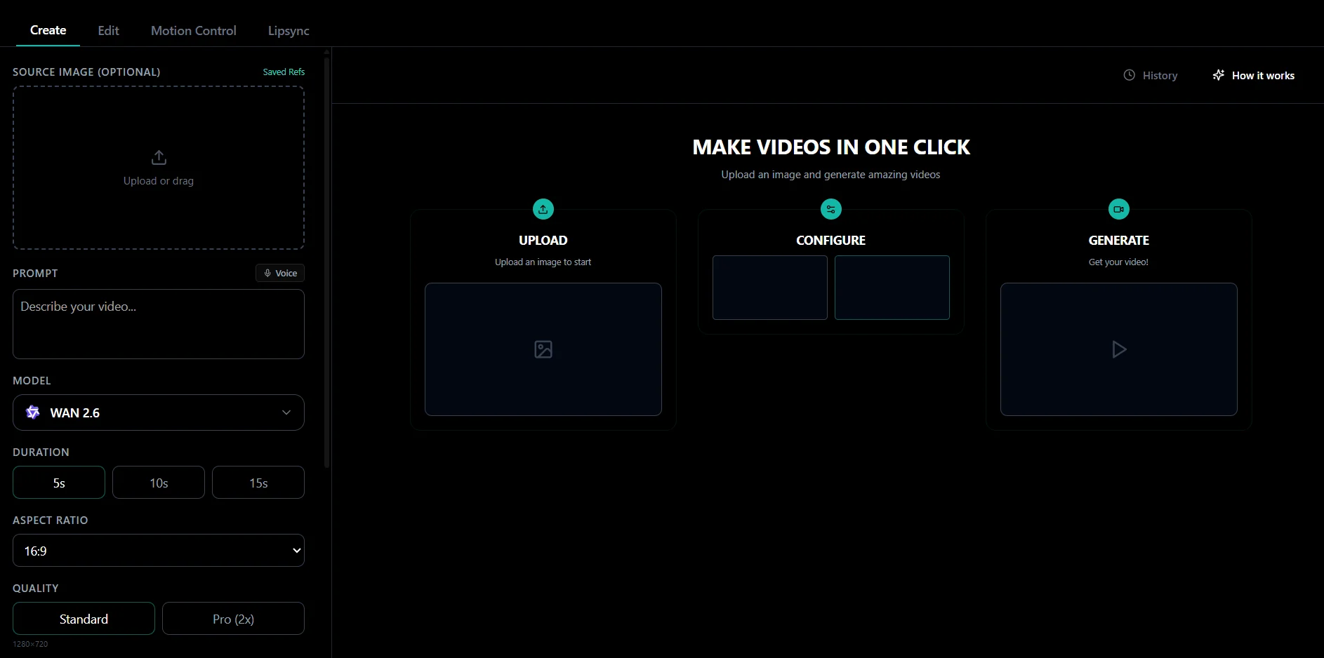 Zorq AI Create workspace for AI video generation with upload, prompt, model, duration, and quality settings