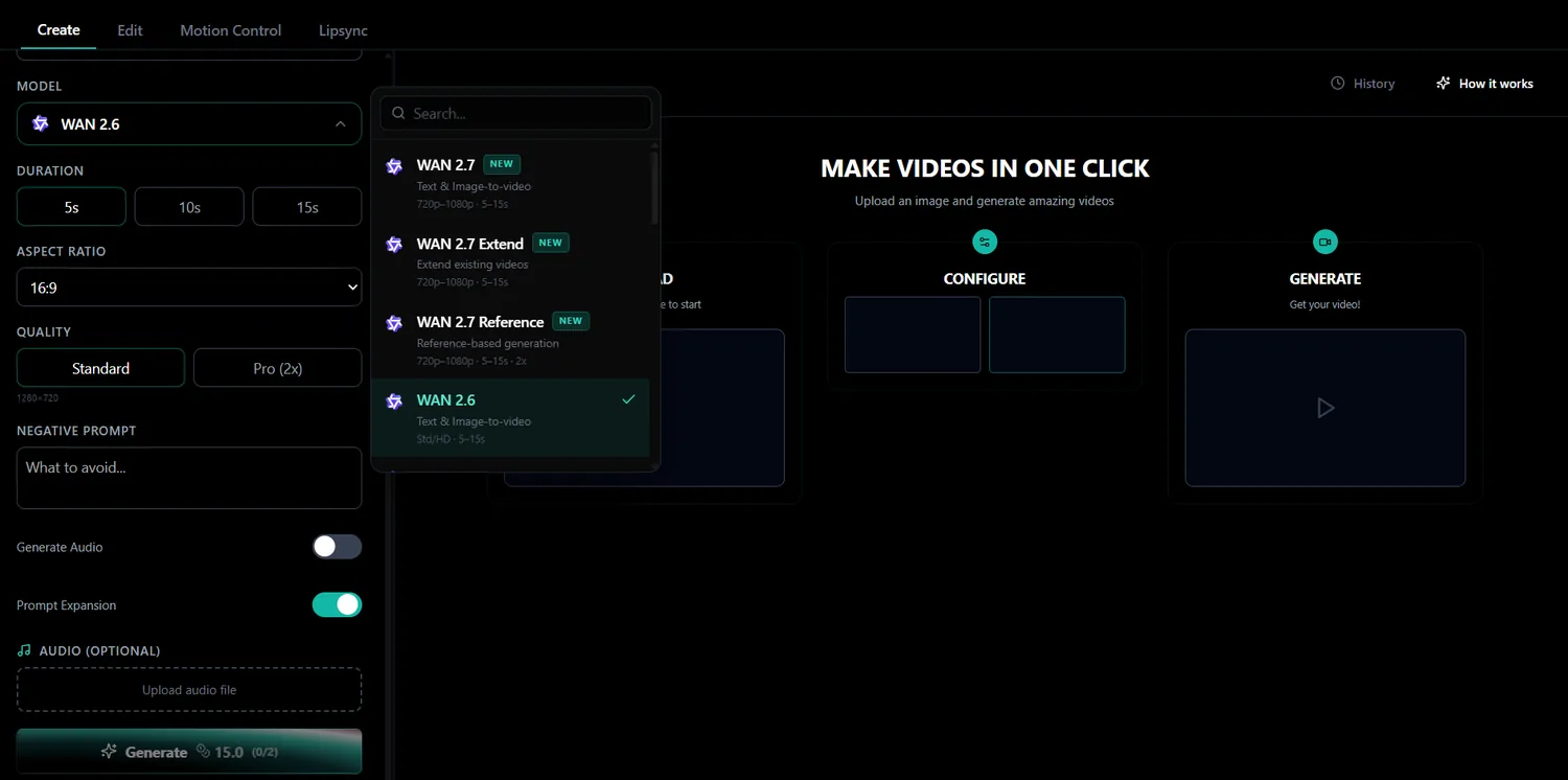 Zorq AI model selector with video creation settings