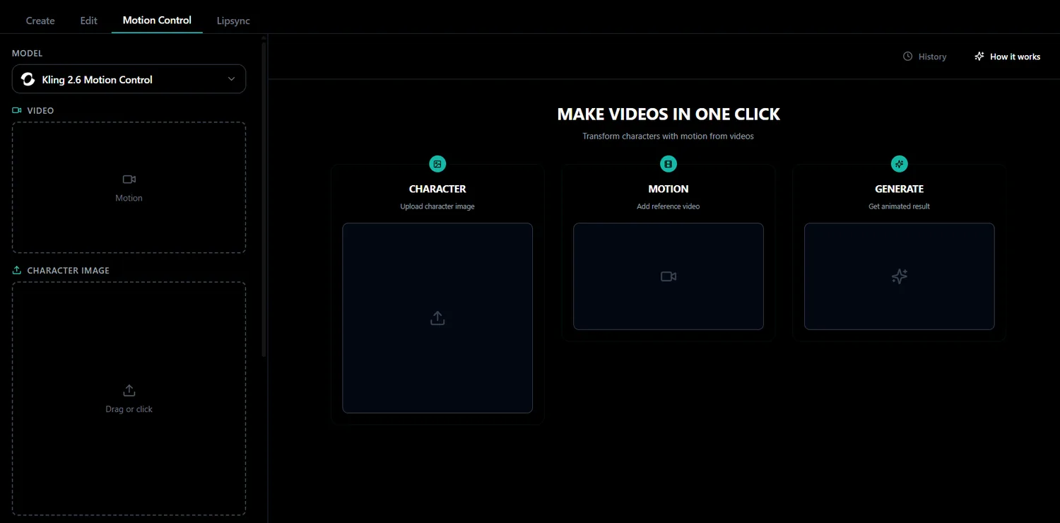Zorq AI motion control workspace with character and motion panels